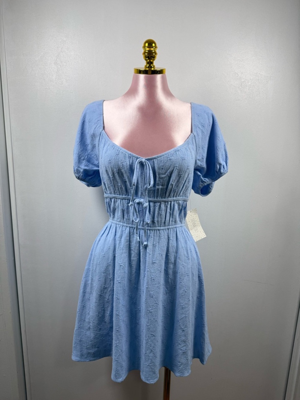 Sienna Sky Light Blue Puff Sleeve Tie-Waist Mini Dress